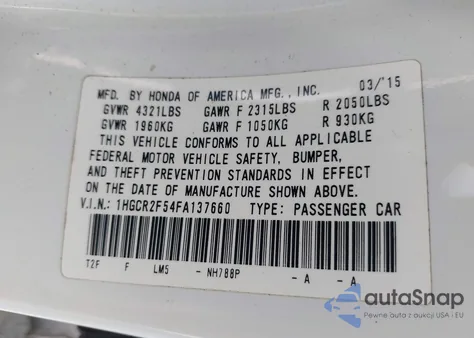 2015 Honda Accord Sport z USA, uszkodzony, nr VIN 1HGCR2F54FA137660